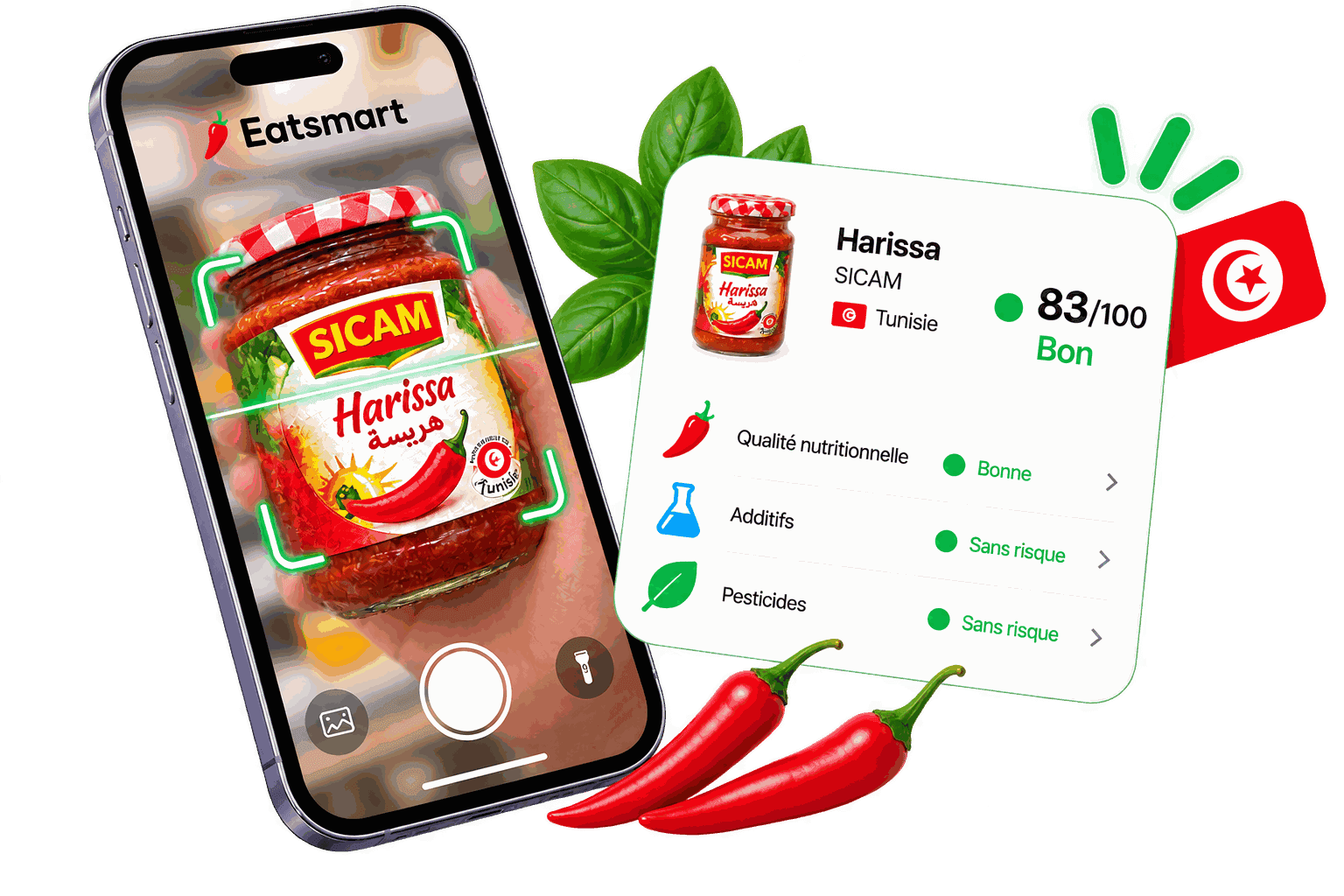 Application Eatsmart scannant un pot de Harissa SICAM avec son score de 83 sur 100